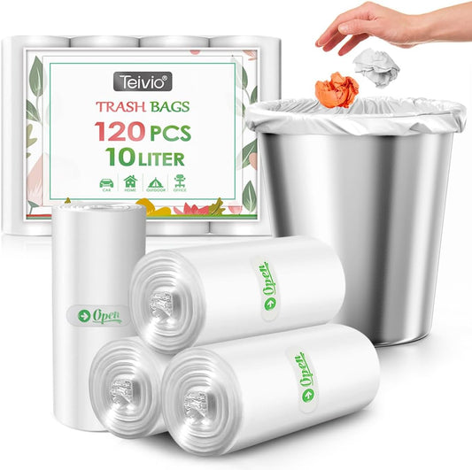 2.6 Gallon 120 Counts Strong Trash Bags Garbage Bags by Teivio, Bathroom Trash Can Bin Liners, Small Plastic Bags for home office kitchen, Clear