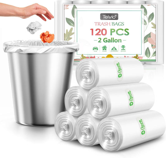 2 Gallon 120 Counts Strong Trash Bags Garbage Bags by Teivio, Bathroom Trash Can Bin Liners, Small Plastic Bags for home office kitchen, Clear