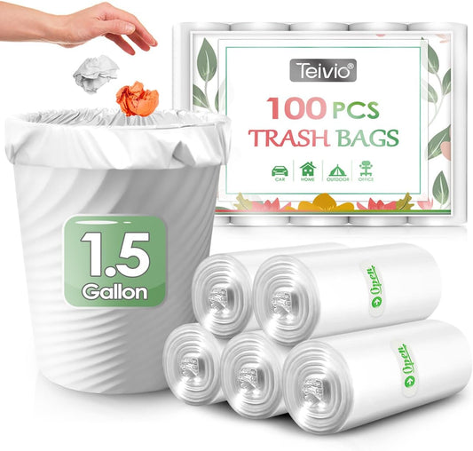 1.5 Gallon 100 Counts Strong Trash Bags Garbage Bags, Bathroom Trash Can Bin Liners, Small Plastic Bags for home office kitchen, fit 5-6 Liter, 0.8-1.6 and 1-1.5 Gal, Clear