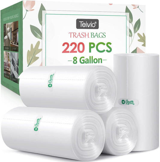 8 Gallon 220 Counts Strong Trash Bags Garbage Bags by Teivio, Bathroom Trash Can Bin Liners, Small Plastic Bags for home office kitchen, Clear