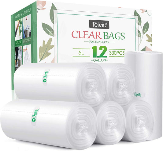 1.2 Gallon 330 Counts Strong Trash Bags Garbage Bags, Bathroom Trash Can Bin Liners, Small Plastic Bags for home office kitchen, fit 5-6 Liter, 0.8-1.6 and 1-1.5 Gal, Clear