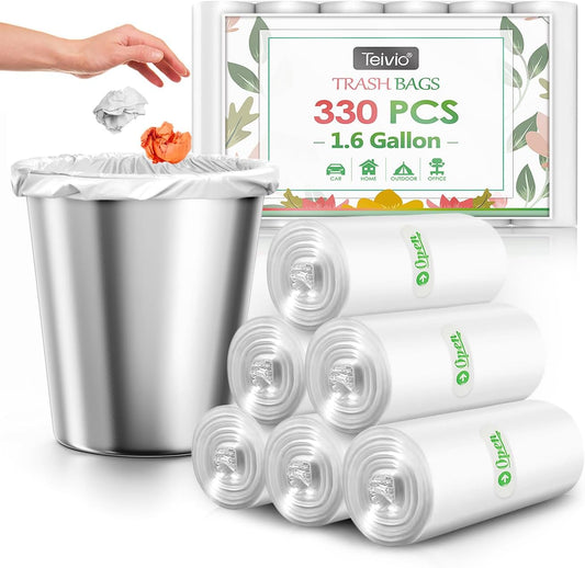 1.6 Gallon 330 Counts Strong Trash Bags Garbage Bags, Bathroom Trash Can Bin Liners, Small Plastic Bags for home office kitchen, Clear