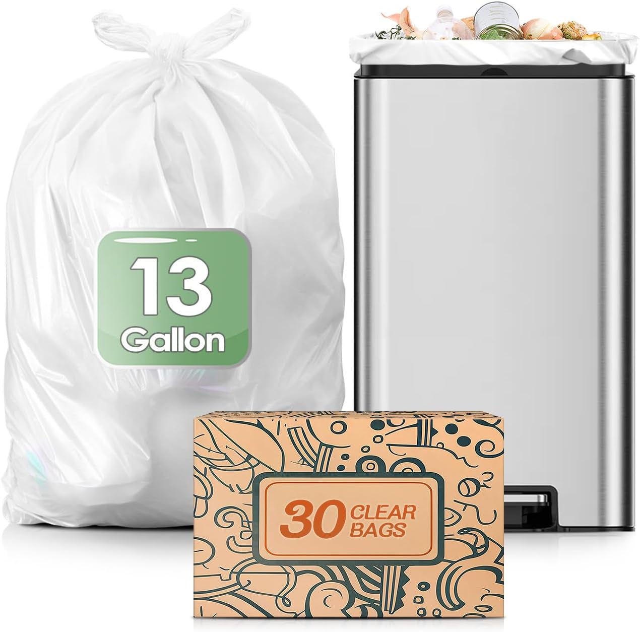 13 Gallon 30 Counts Strong Trash Bags Garbage Bags by Teivio, Bathroom Trash Can Bin Liners, Small Plastic Bags for home office kitchen, Clear