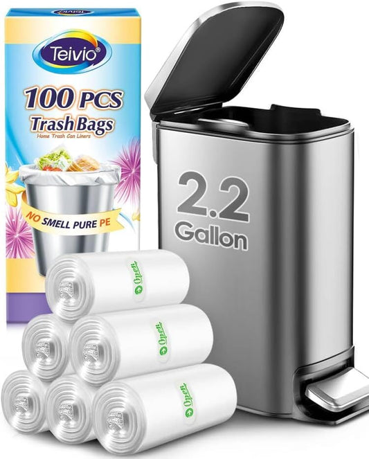 2.2 Gallon 100 Counts Strong Trash Bags Garbage Bags by Teivio, Bathroom Trash Can Bin Liners, Small Plastic Bags for home office kitchen, Clear