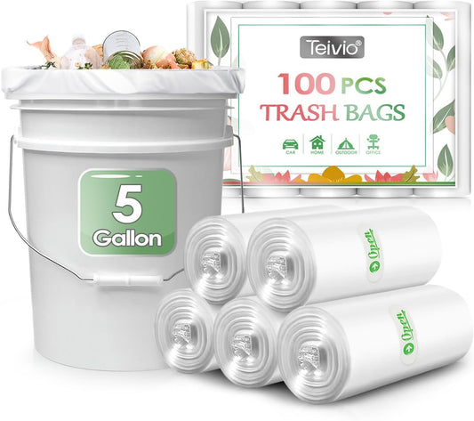 5 Gallon 100 Counts Strong Trash Bags Garbage Bags by Teivio, Bathroom Trash Can Bin Liners, Small Plastic Bags for home office kitchen, Clear