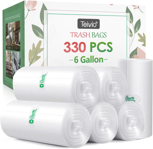 6 Gallon 330 Counts Strong Trash Bags Garbage Bags by Teivio, Bathroom Trash Can Bin Liners, Small Plastic Bags for home office kitchen, Clear