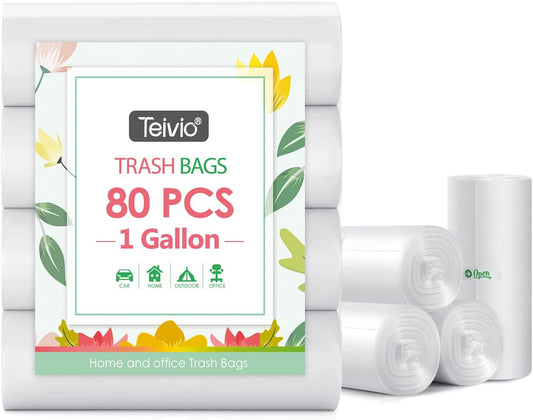 1 Gallon 80 Counts Strong Trash Bags Garbage Bags by Teivio, Bathroom Trash Can Bin Liners, Small Plastic Bags for Home Office Kitchen, Clear