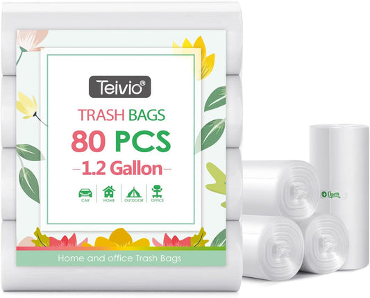 1.2 Gallon 80 Counts Strong Trash Bags Garbage Bags, Bathroom Trash Can Bin Liners, Small Plastic Bags for home office kitchen, fit 5-6 Liter, 0.8-1.6 and 1-1.5 Gal, Clear