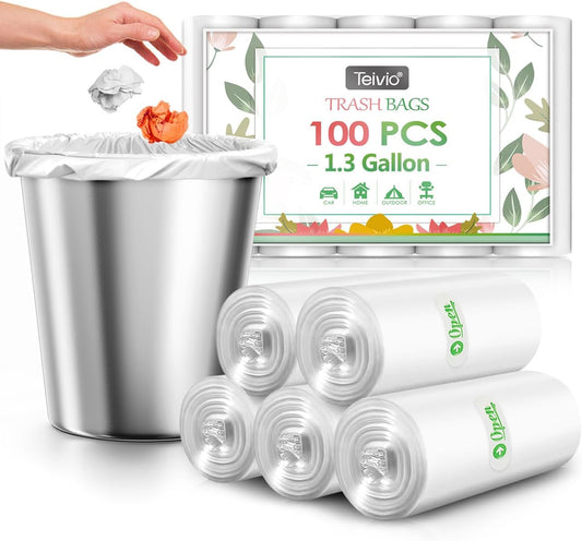 1.3 Gallon 100 Counts Strong Trash Bags Garbage Bags, Bathroom Trash Can Bin Liners, Small Plastic Bags for home office kitchen, fit 5-6 Liter, 0.8-1.6 and 1-1.5 Gal, Clear