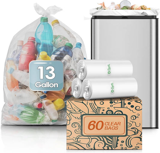 13 Gallon 60 Counts Strong Trash Bags Garbage Bags by Teivio, Bathroom Trash Can Bin Liners, Small Plastic Bags for home office kitchen, Clear