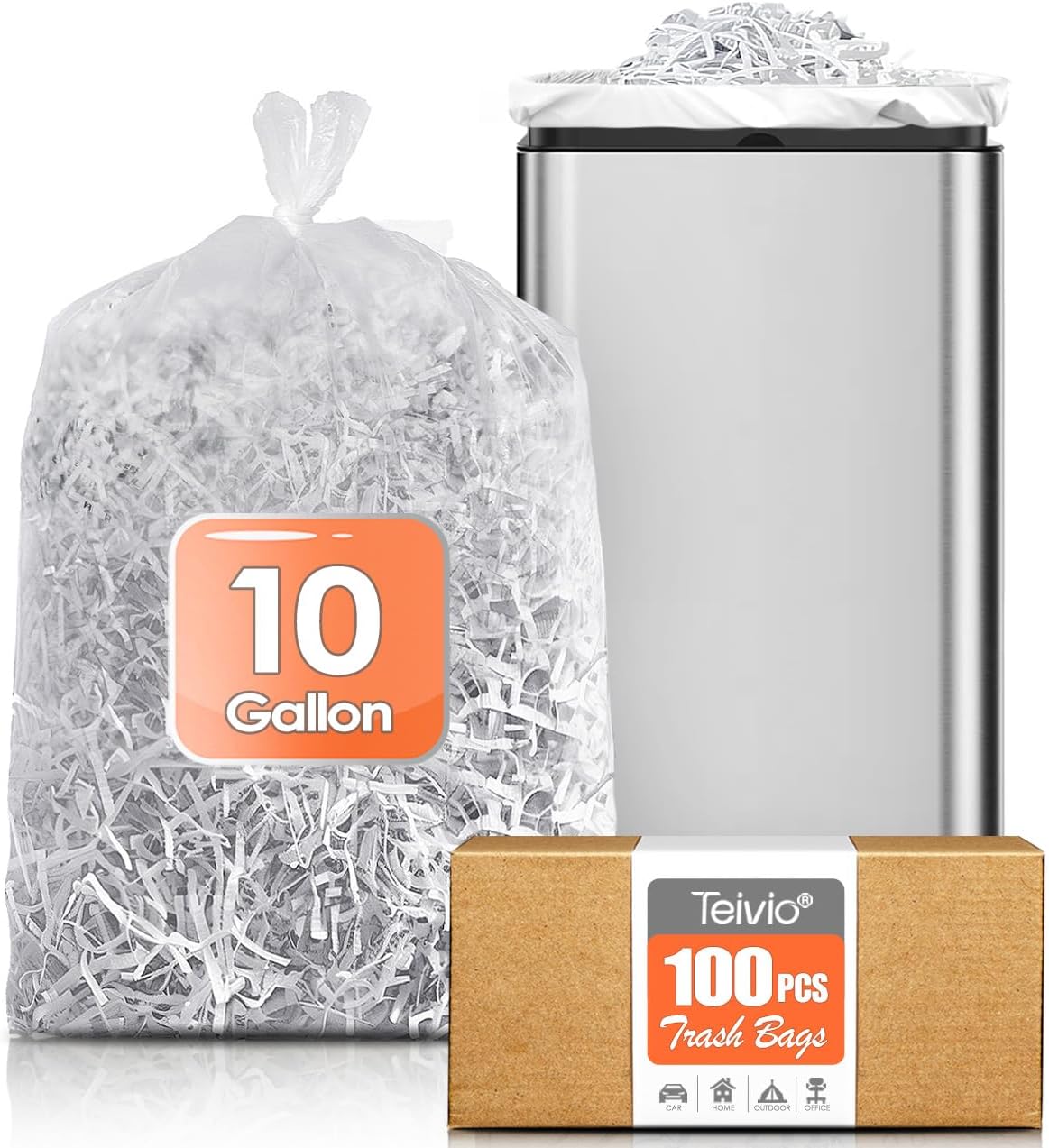 10 Gallon 100 Counts Strong Trash Bags Garbage Bags by Teivio, Bathroom Trash Can Bin Liners, Small Plastic Bags for home office kitchen, Clear