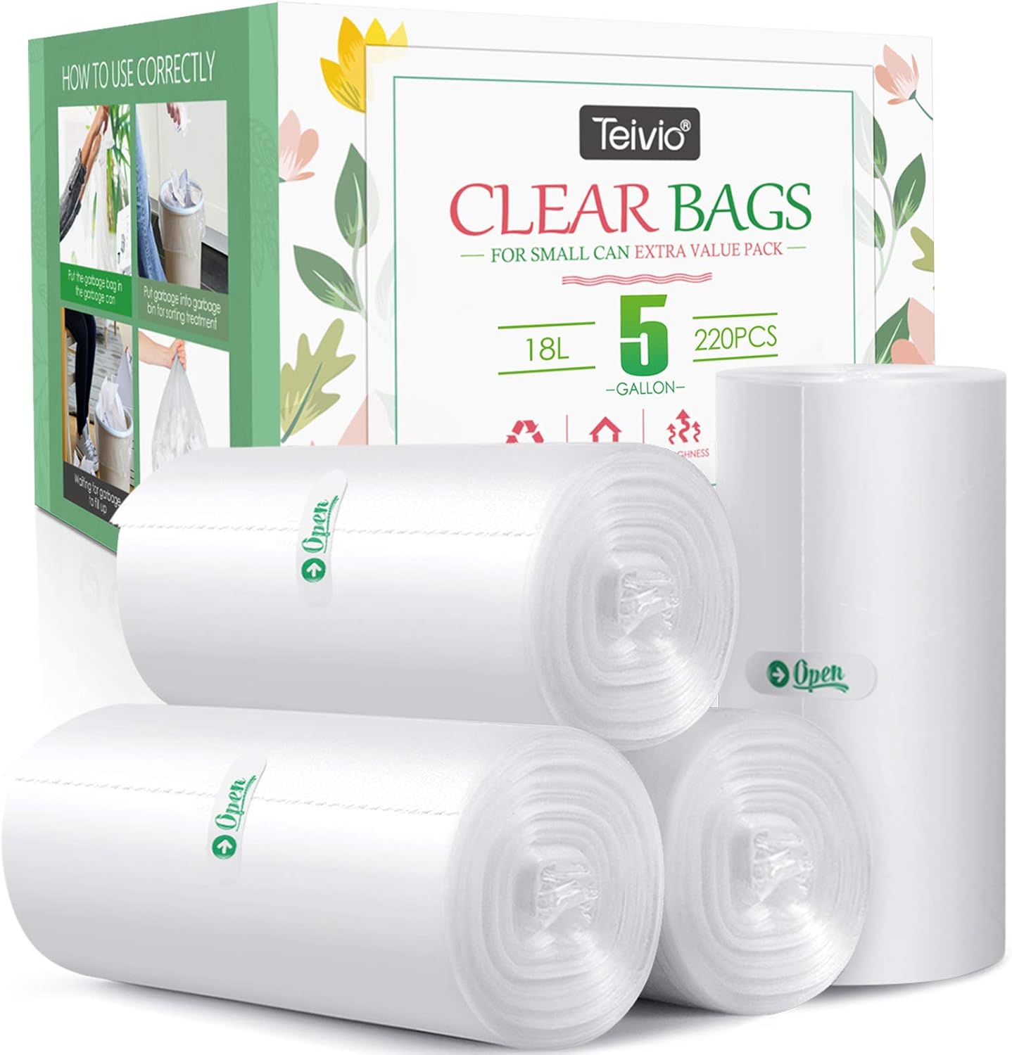 5 Gallon 220 Counts Strong Trash Bags Garbage Bags by Teivio, Bathroom Trash Can Bin Liners, Small Plastic Bags for home office kitchen, Clear