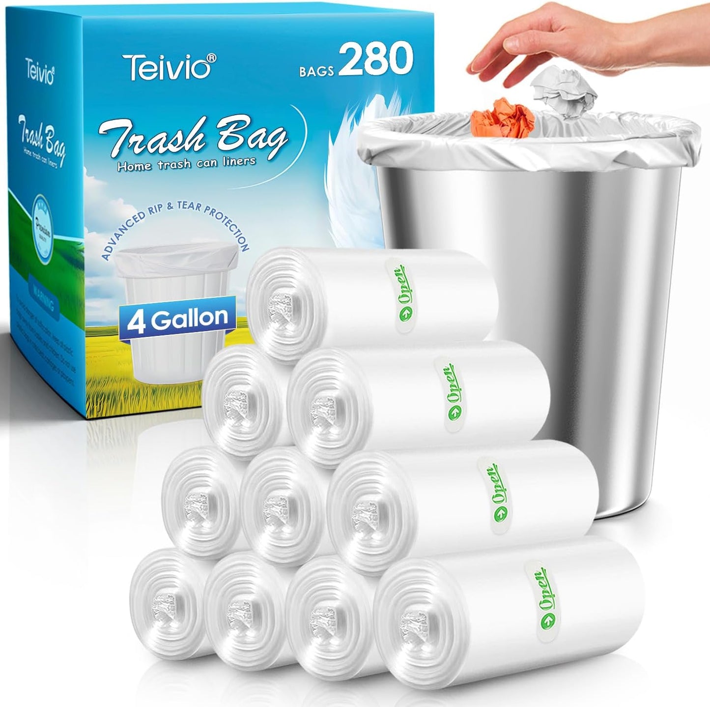 4 Gallon 260 Counts Strong Trash Bags Garbage Bags by Teivio, Bathroom Trash Can Bin Liners, Small Plastic Bags for home office kitchen, Clear