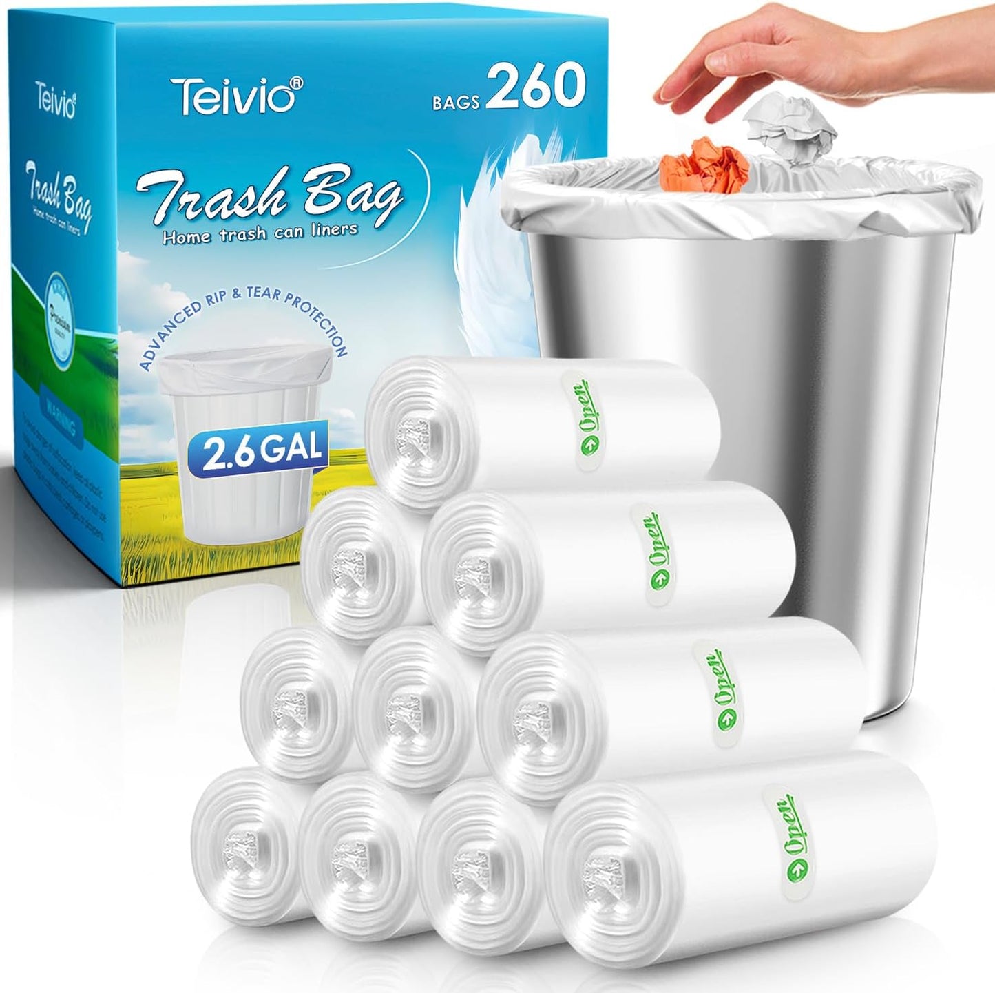 2.6 Gallon 260 Counts Strong Trash Bags Garbage Bags by Teivio, Bathroom Trash Can Bin Liners, Small Plastic Bags for home office kitchen, Clear