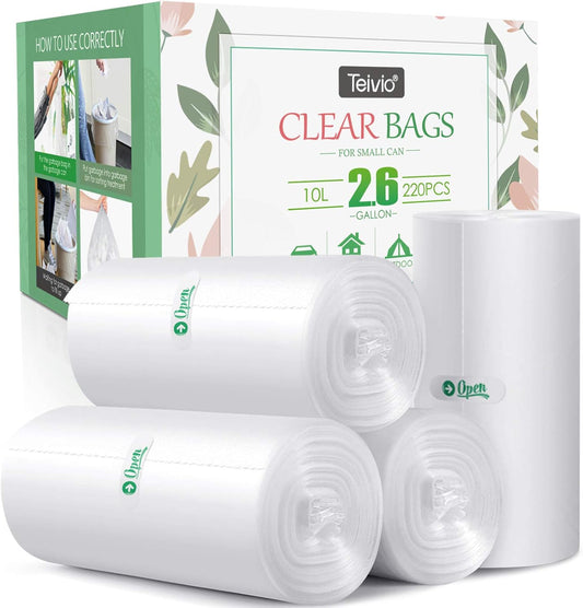 2.6 Gallon 220 Counts Strong Trash Bags Garbage Bags by Teivio, Bathroom Trash Can Bin Liners, Small Plastic Bags for home office kitchen, Clear