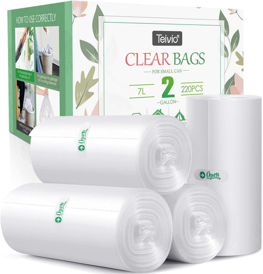 2 Gallon 220 Counts Strong Trash Bags Garbage Bags by Teivio, Bathroom Trash Can Bin Liners, Small Plastic Bags for home office kitchen, Clear